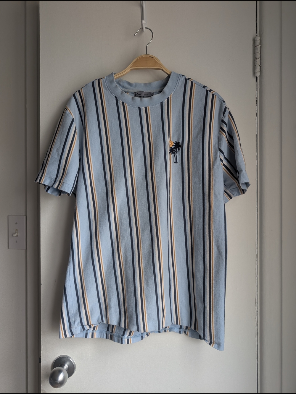 Simons Light Blue Striped Short-Sleeve Tee with Palm Motif